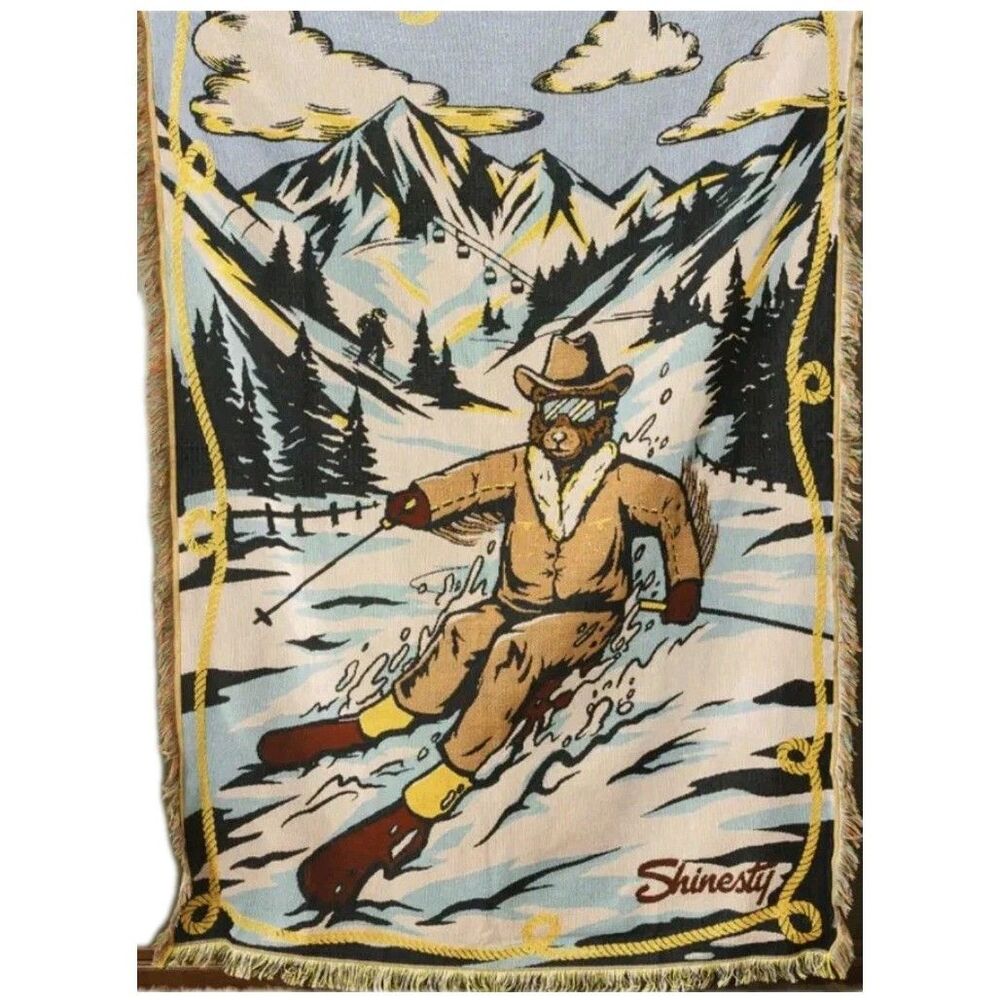 Shinesty Throw Blanket The Double Black Bear Woven Tapestry Skiing Cowboy 70"x48